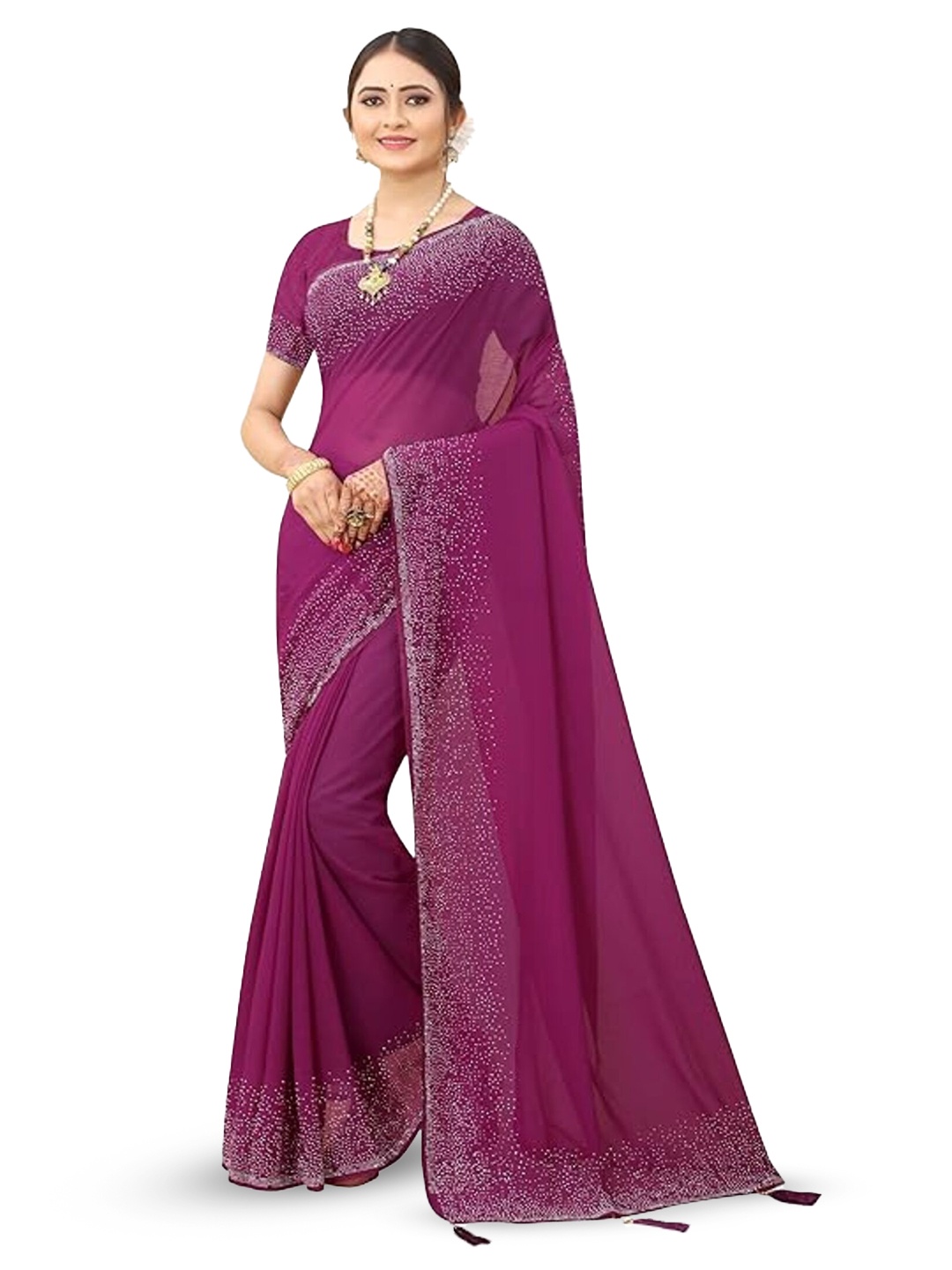 

SWADESI STUFF Beads and Stones Embellished Pure Georgette Saree, Purple