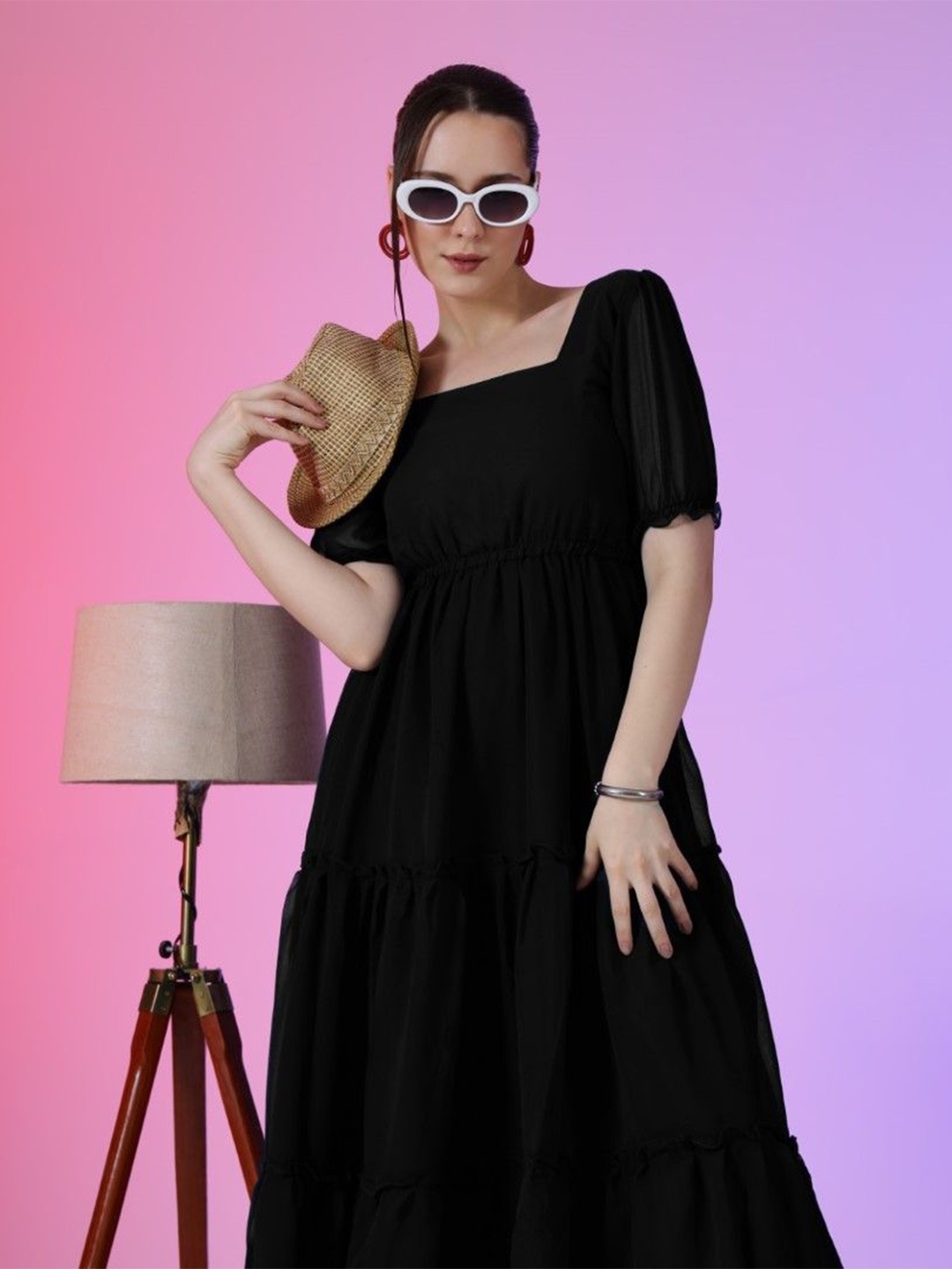 

Femvy Women Puff Sleeve Fit & Flare Tiered Maxi Dress, Black