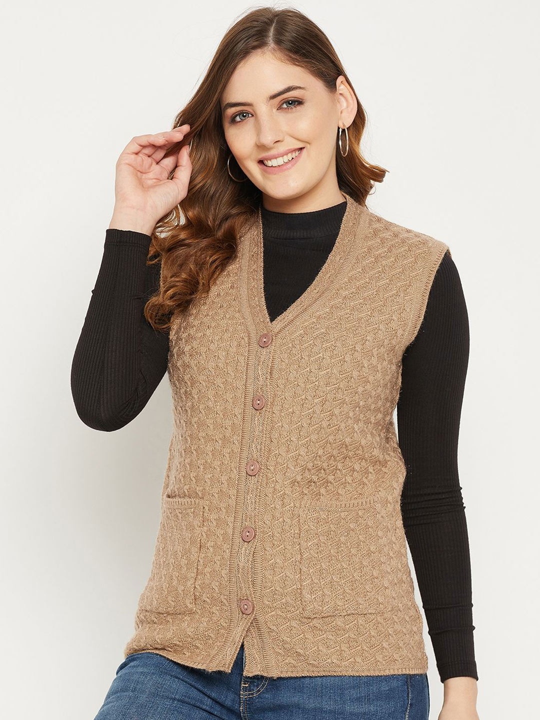 

Zigo Women Cable Knit Woollen Cardigan, Camel brown