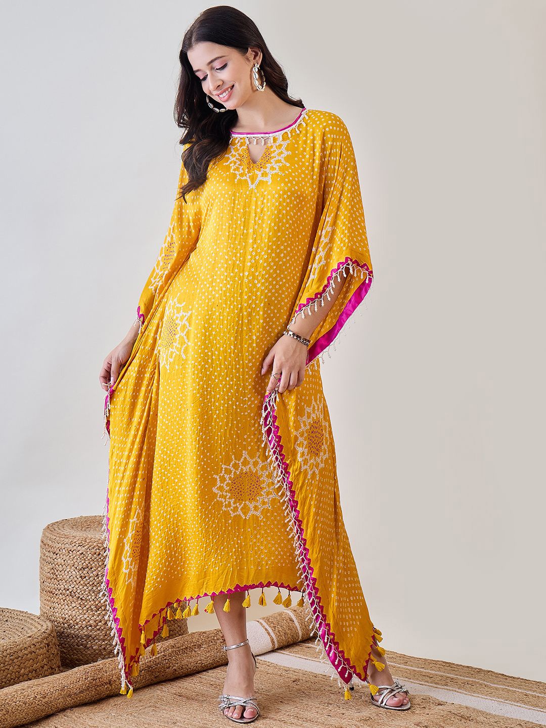 

The Kaftan Company Women Bandhani Kaftan Midi Dress With Pearl Lace, Yellow