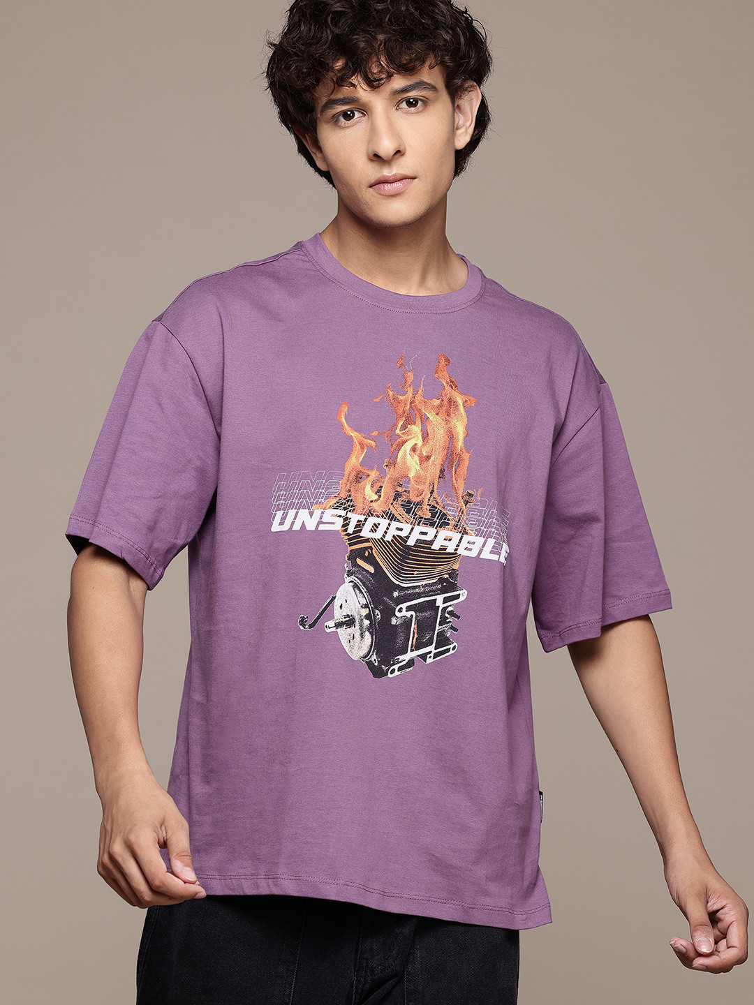 

The Roadster Lifestyle Co. Printed Relaxed Fit Pure Cotton T-shirt, Purple