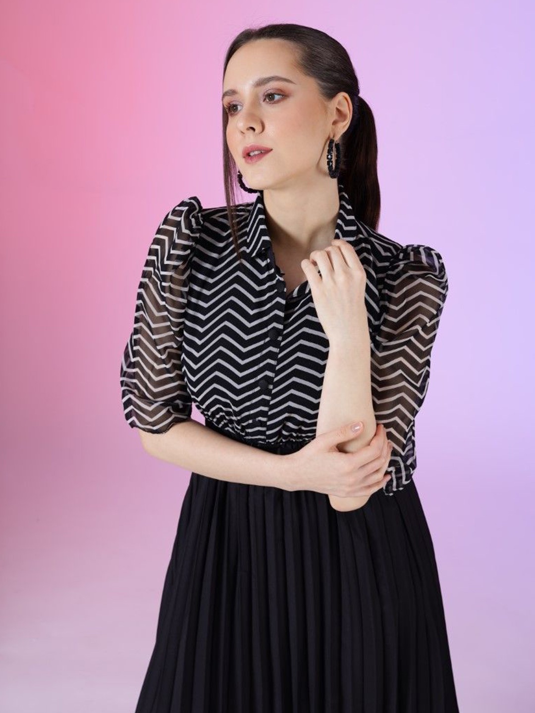

Femvy Women Printed Belted Fit & Flare Midi Dress, Black