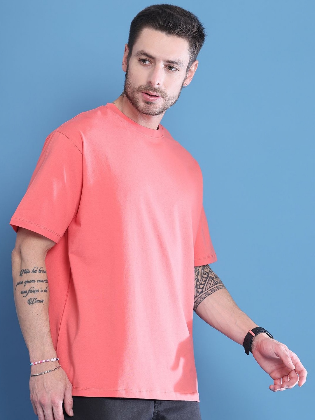 

DOOR74 Men Drop-Shoulder Sleeves T-shirt, Pink