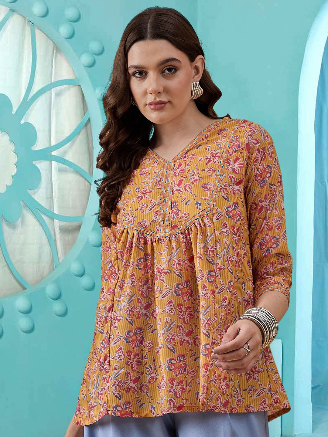 

Winza Designer Women Floral Print Top, Mustard