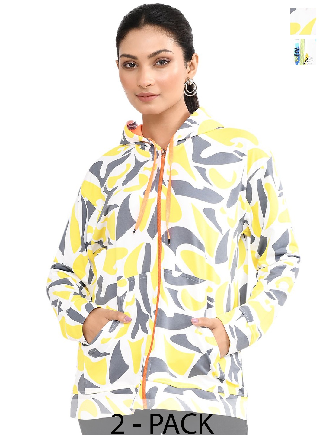 

RAPL Women Pack Of 2 Printed Cotton Hooded Front-Open Sweatshirt, White