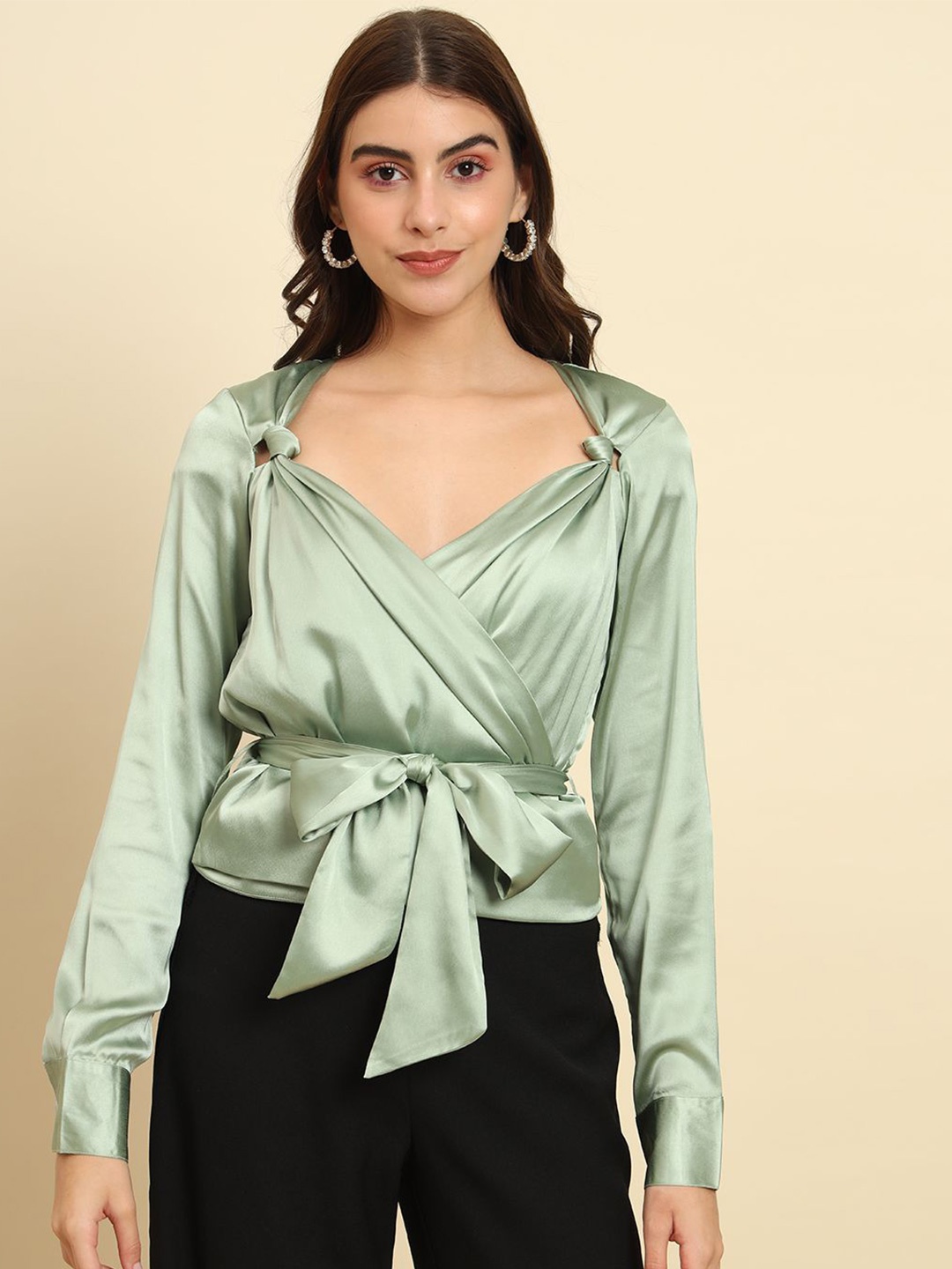 

BAESD Women Sweetheart Neck Waist Tie-Ups Wrap Top, Green