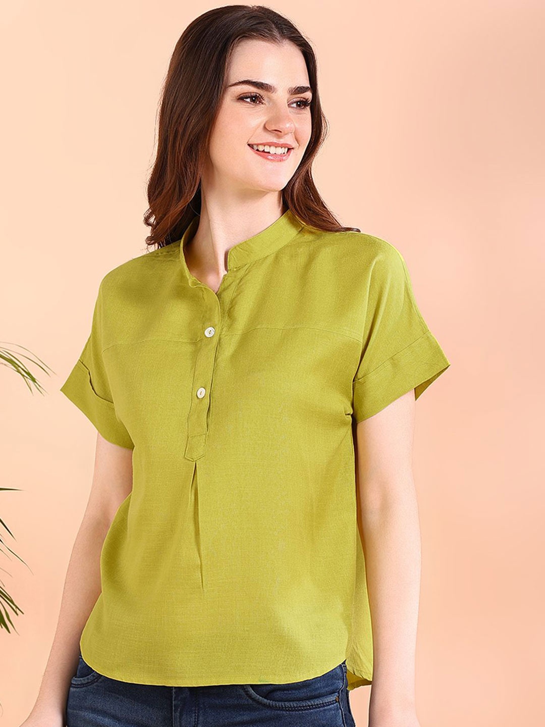 

Maaesa Women Mandarin Collar Top, Lime green