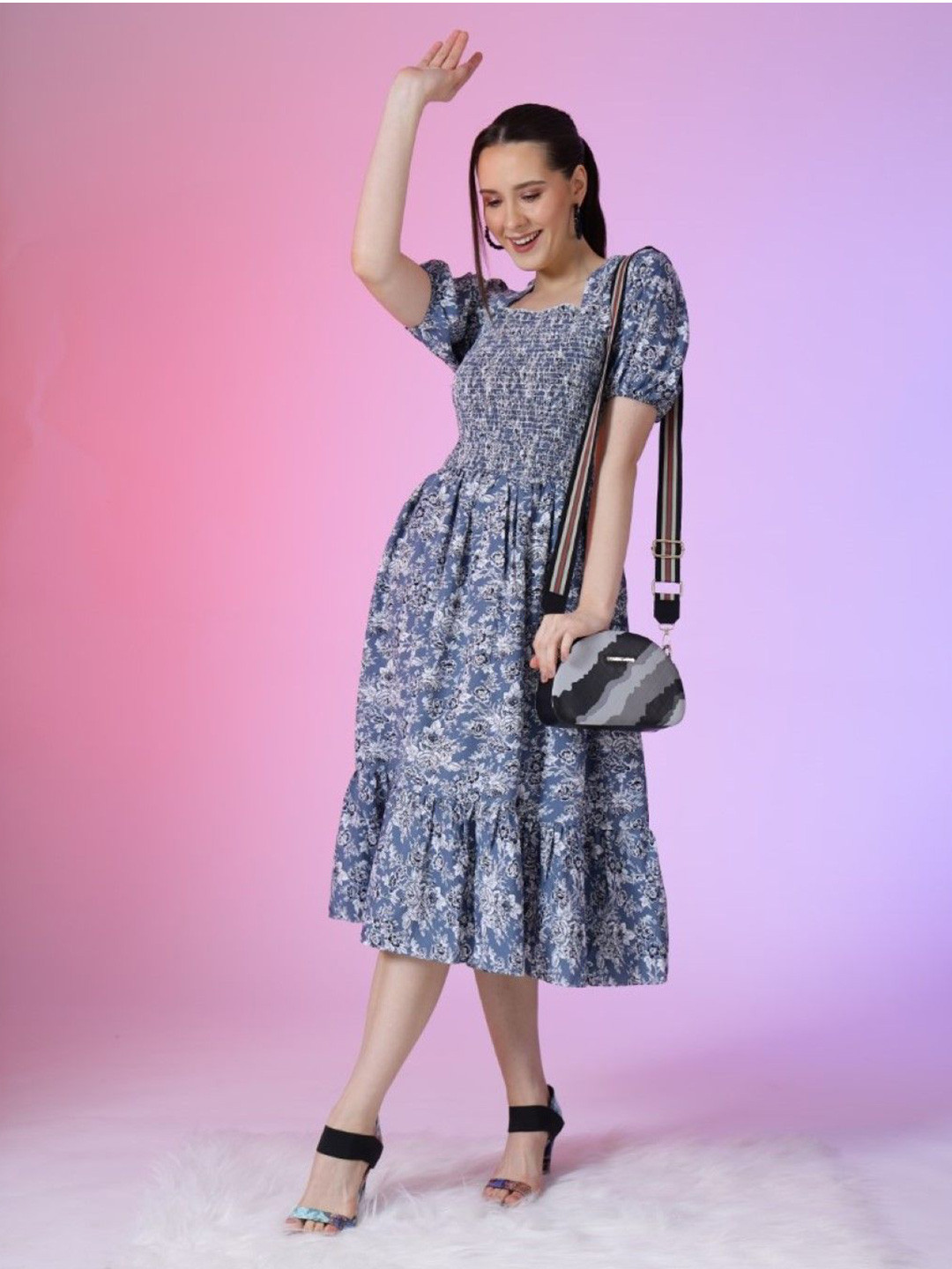 

Krunal Raiyani Women Floral Printed Smocked Square Neck Fit & Flare Puff Sleeves Dress, Blue