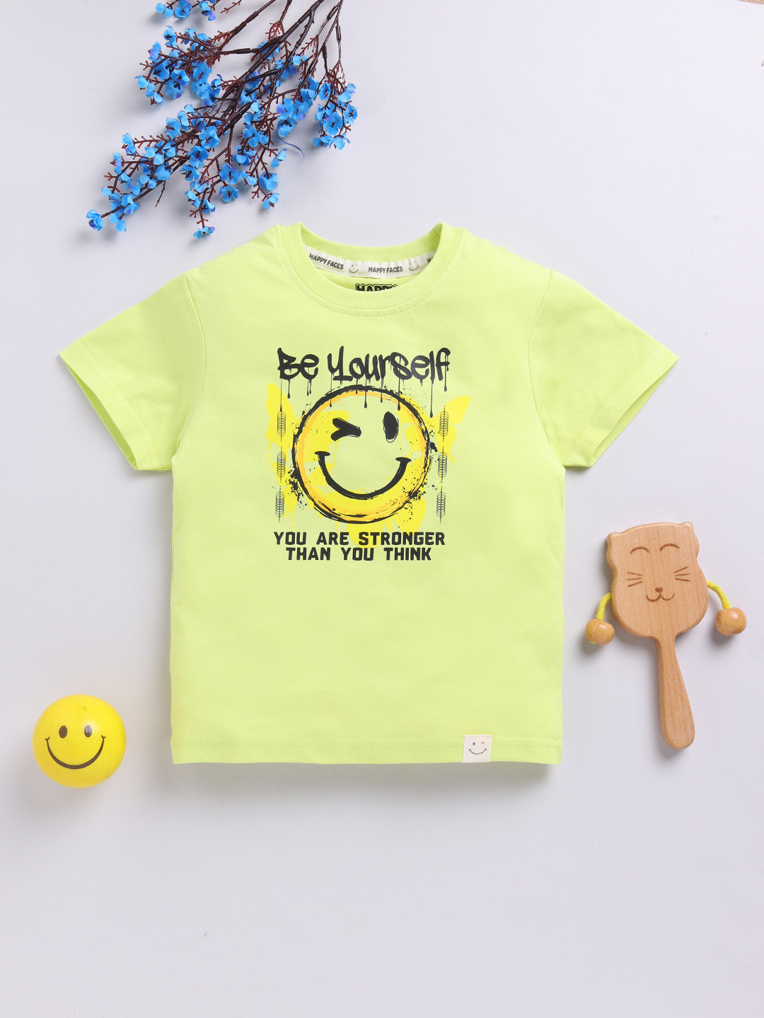 

Happy Faces Boys Pure Cotton Typography & Graphic Printed T-shirt, Fluorescent green