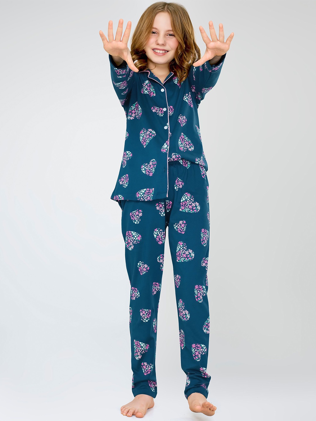 

Zeyo Girls Printed Pure Cotton Night suit, Blue