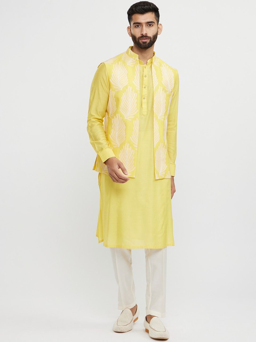 

Twamev Mandarin Collar Long Sleeves Regular Straight Kurta With Trouser With Nehru Jacket, Yellow