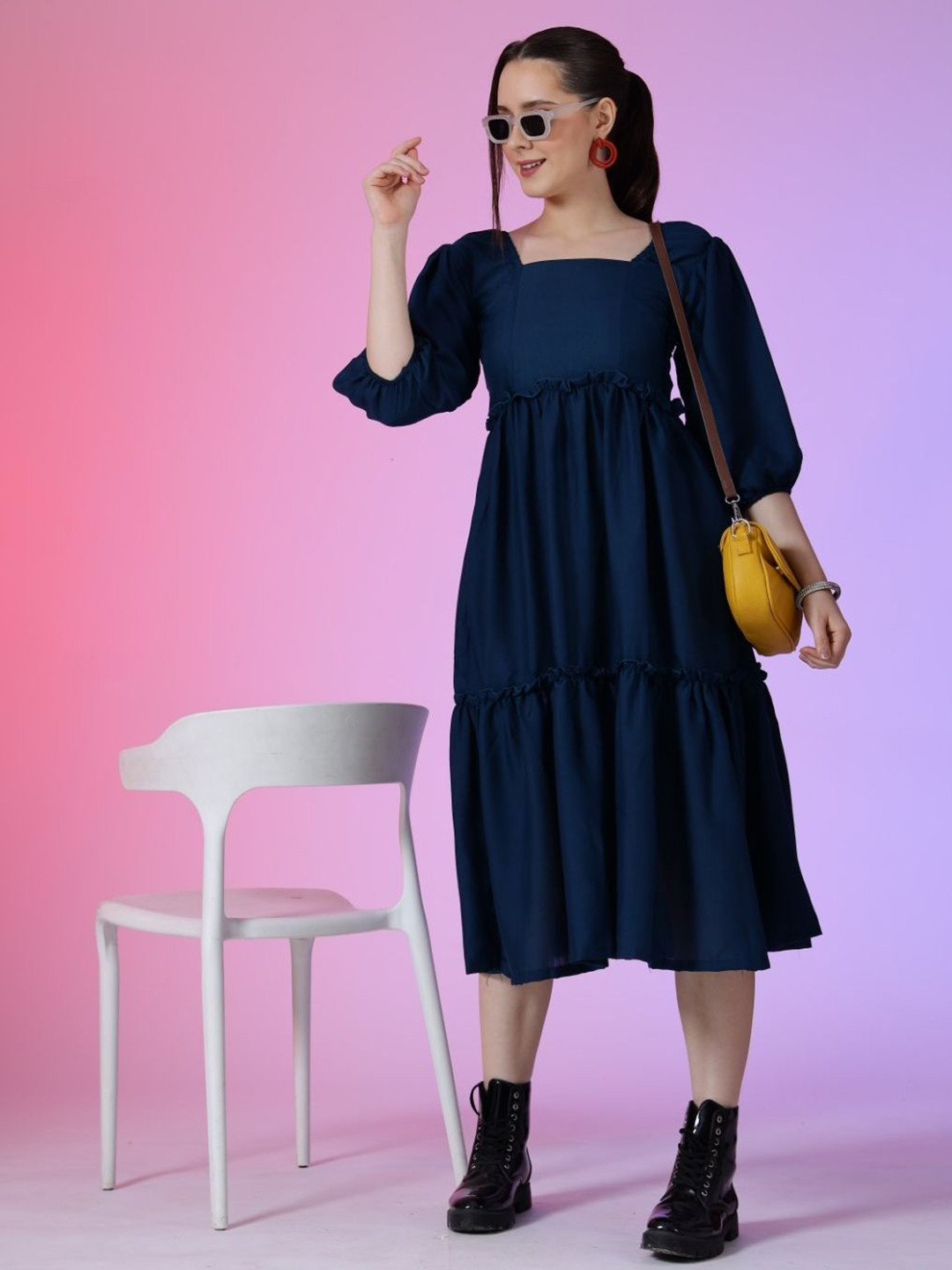 

Raiyani Enterprise Women Square Neck Puff Sleeves Fit & Flare Dress, Blue