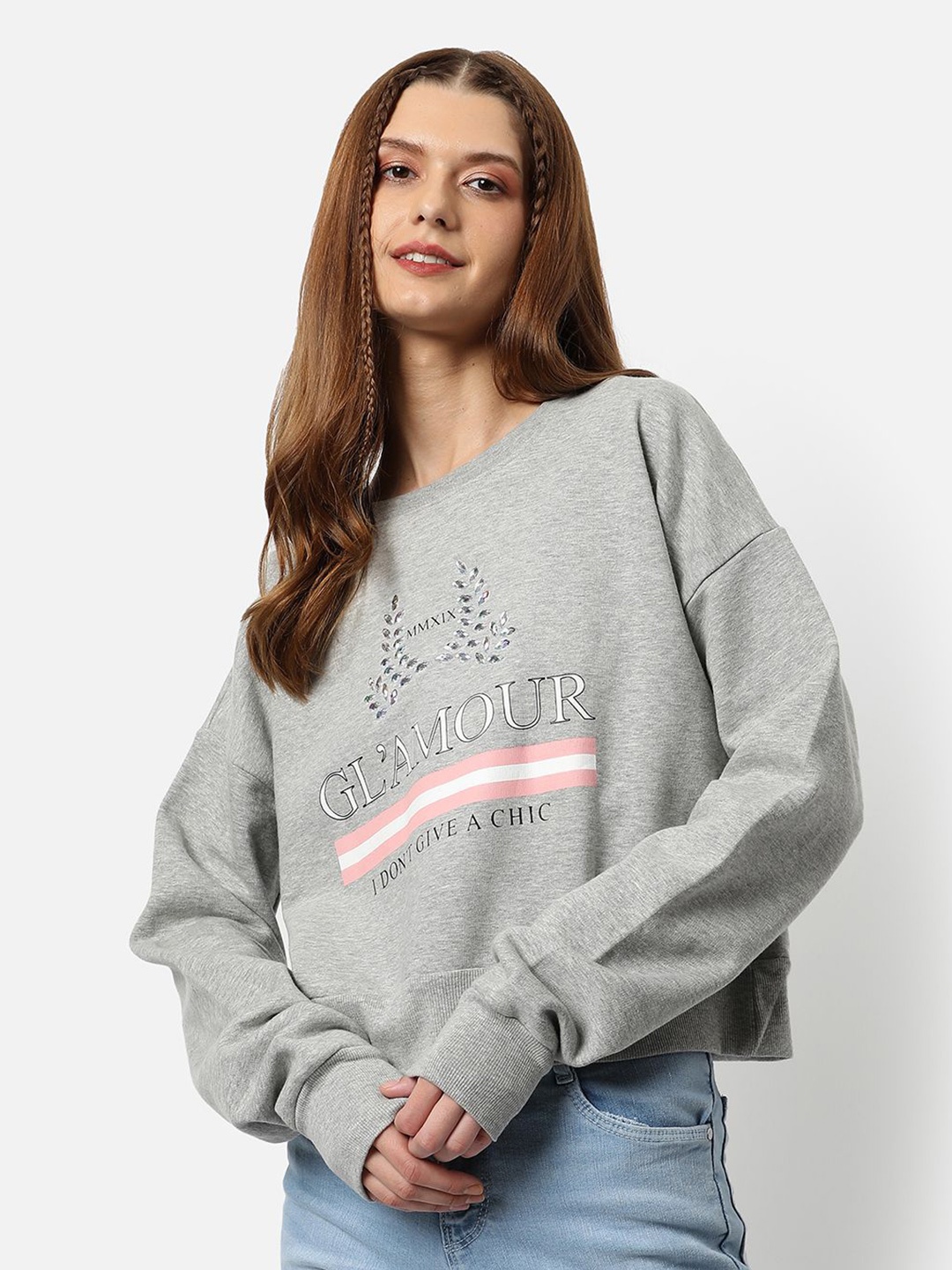 

Campus Sutra Women Cotton Typography Printed Pullover Sweatshirt, Grey