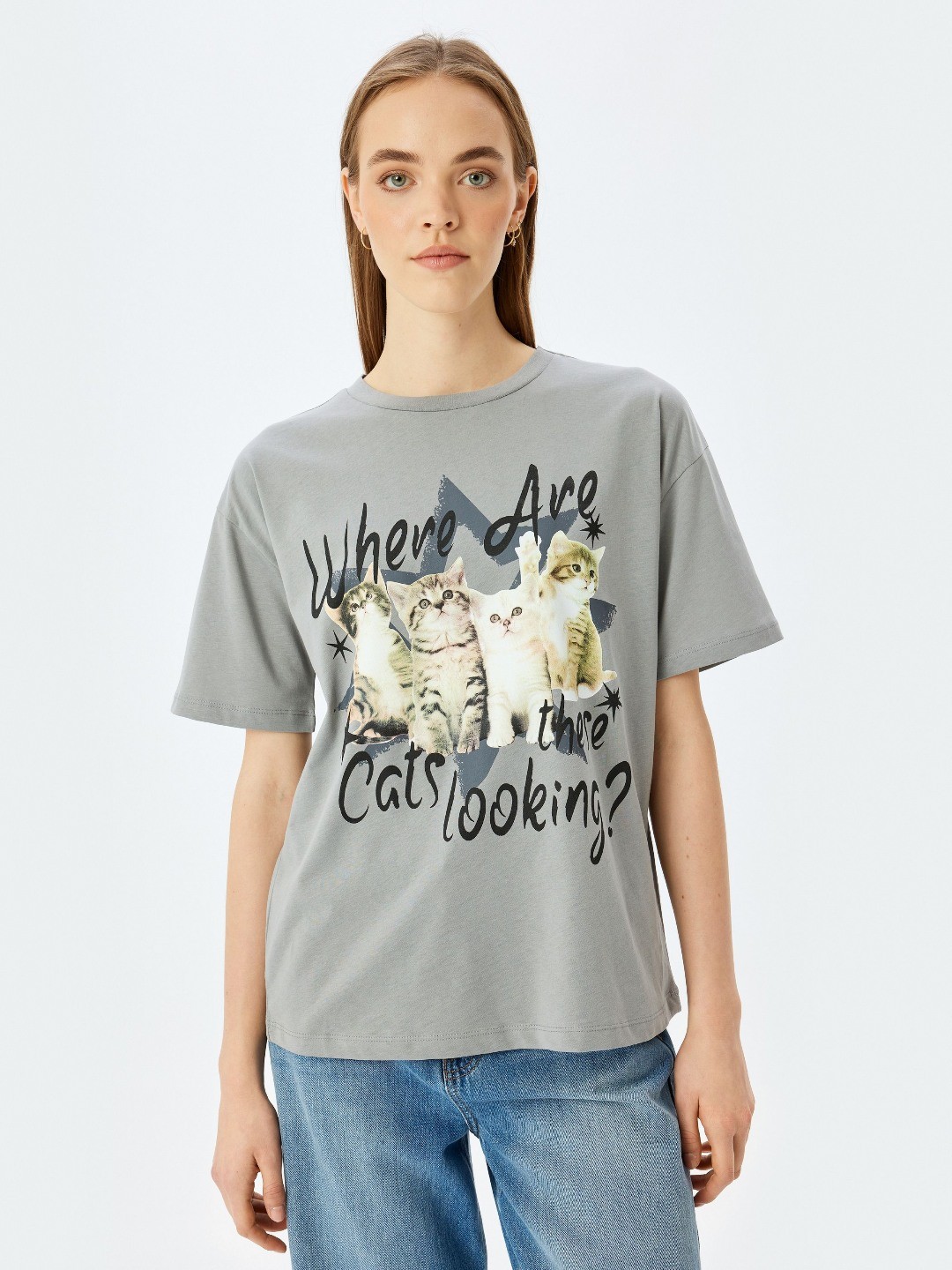 

Koton Women Graphic Printed Round Neck Cotton T-shirt, Grey