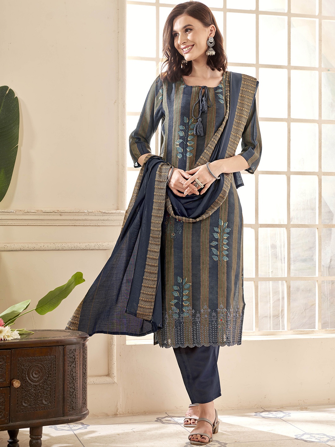 

Anouk Women Embroidered Regular Thread Work Chanderi Silk Kurta with Trousers & With Dupatta, Blue