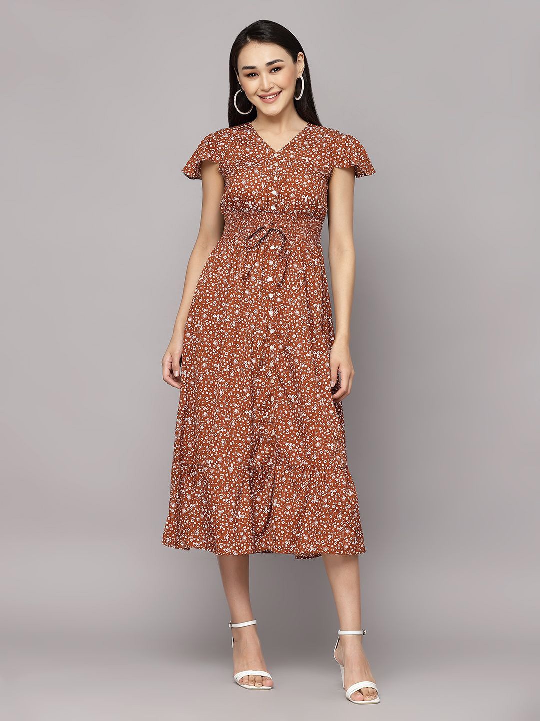 

BAESD Women Floral Printed Puff Sleeve Crepe A-Line Midi Dress, Brown