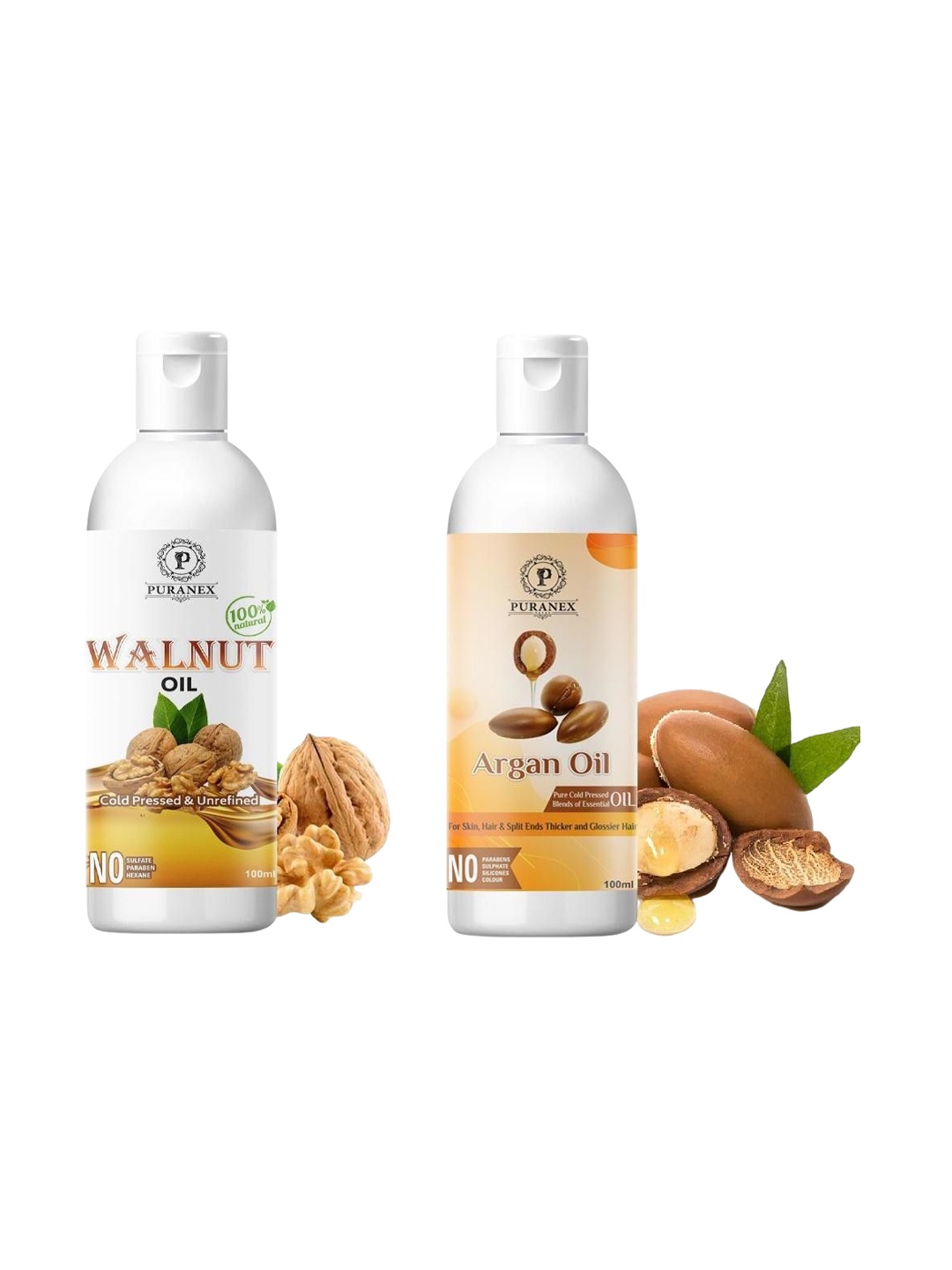 

Puranex Set Of 2 100% Pure & Natural Argan Oil & Walnut Oil For Hair & Skin - 100 ml Each, Transparent