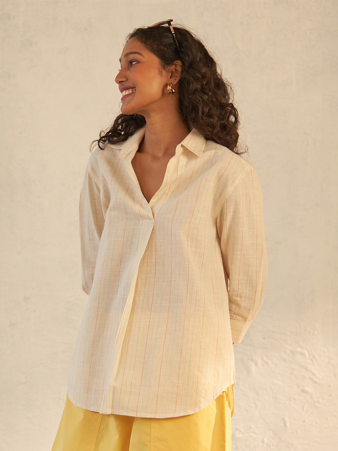 

Canoopi Women Cotton Striped Shirt Collar Cuffed Sleeves Shirt Style Top, Beige