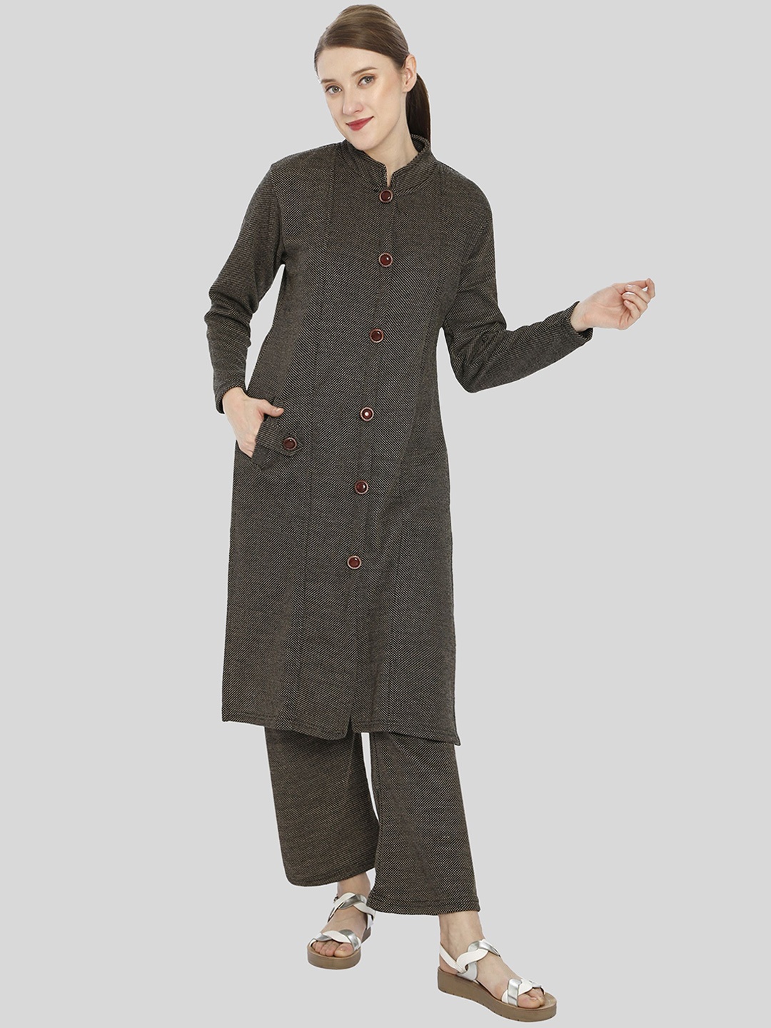 

HAUTEMODA Women Ethnic Motifs Regular Pure Wool Kurta with Trousers, Brown