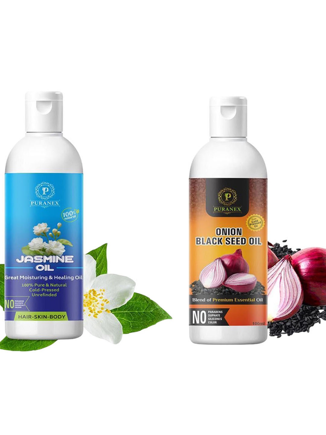 

Puranex Set of 2 100% Natural & Pure Jasmine & Onion Black Seed Oils - 100 ml Each, Transparent