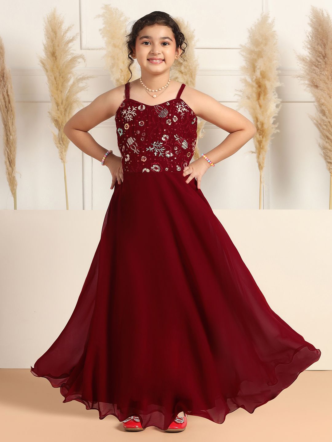 

BAESD Georgette Embroidered Shoulder Straps Fit & Flare Maxi Dress, Maroon