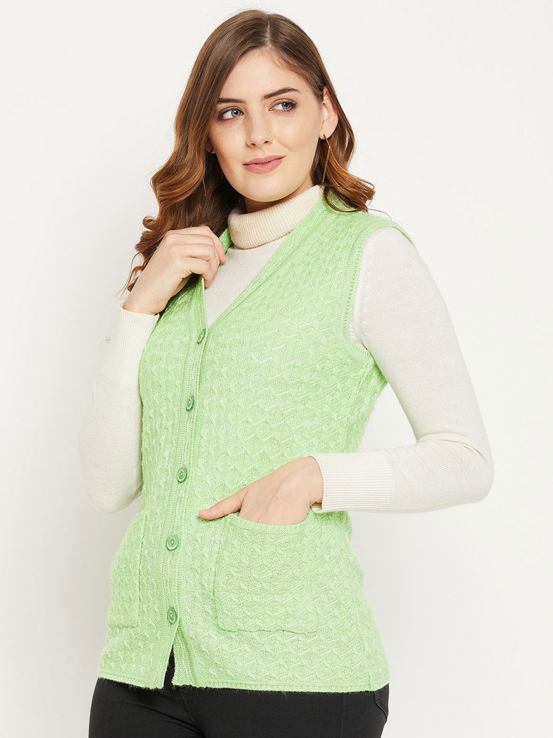 

Zigo Women Self Design Woollen Cardigan, Green