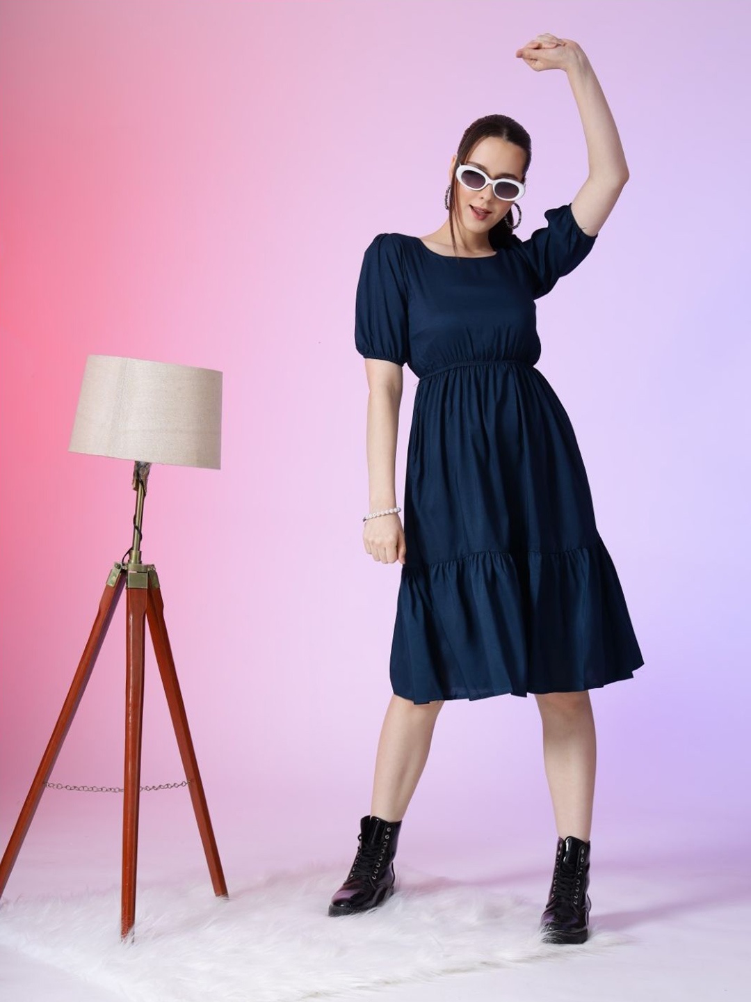 

Krunal Raiyani Women Tiered Fit & Flare Midi Dress, Blue