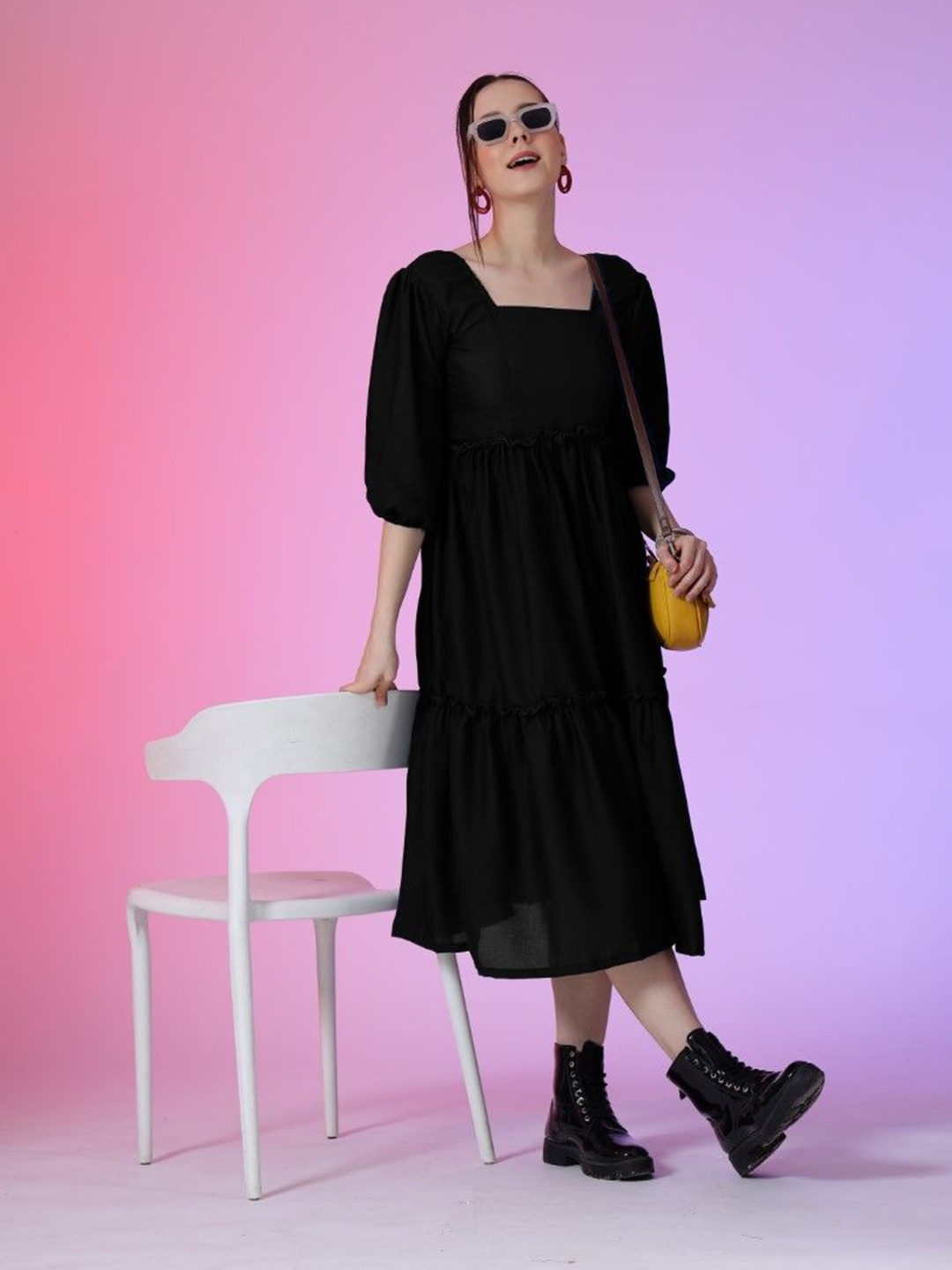 

Krunal Raiyani Women Square Neck Tiered Fit & Flare Dress, Black