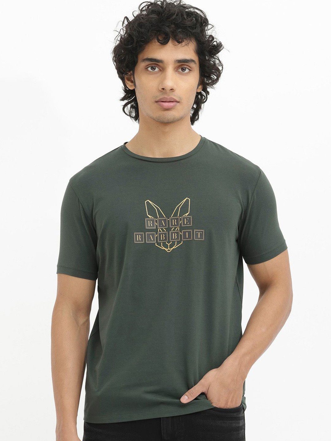 

RARE RABBIT Men Graphic Printed Round Neck Cotton T-shirt, Green