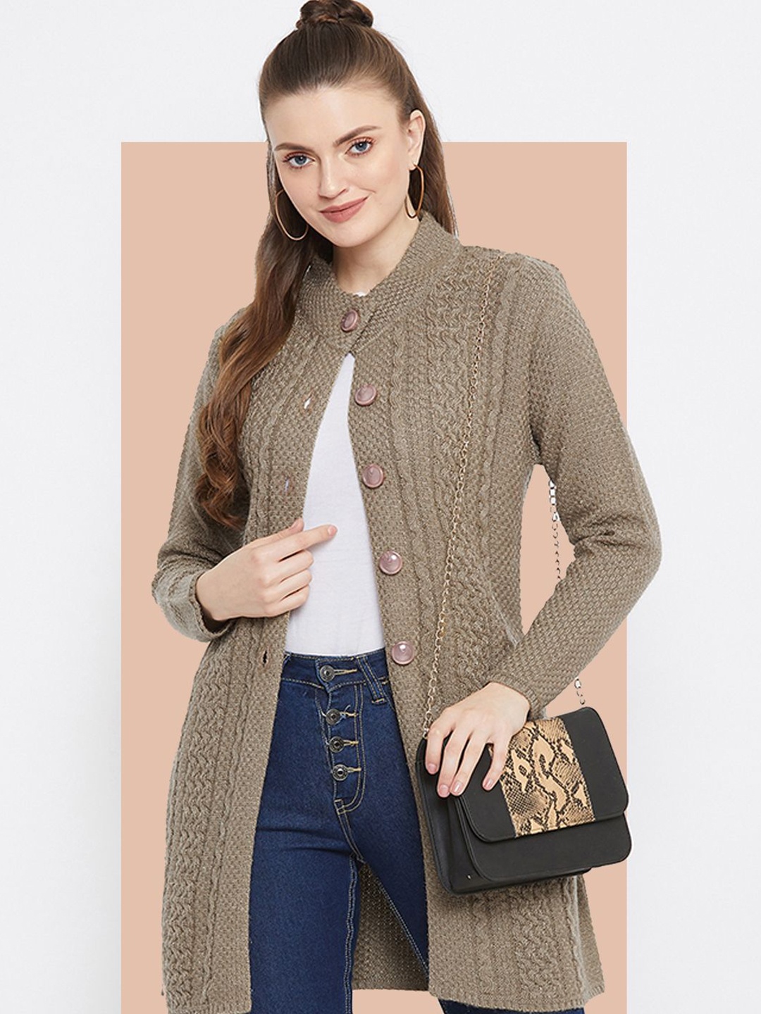 

Zigo Women Self Design Cable Knit Longline Cardigan, Khaki