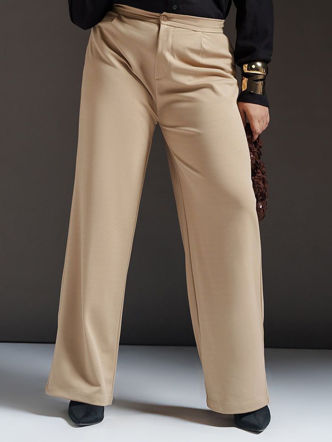 

FREAKINS Women Plus Size Relaxed Straight Leg High-Rise Korean Pant, Beige