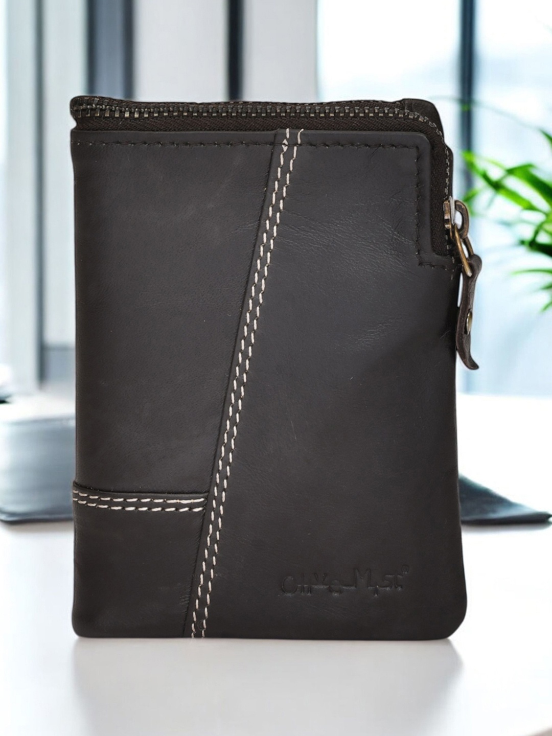 

OLIVE MIST Men Zip Detail Leather Two Fold Wallet, Brown