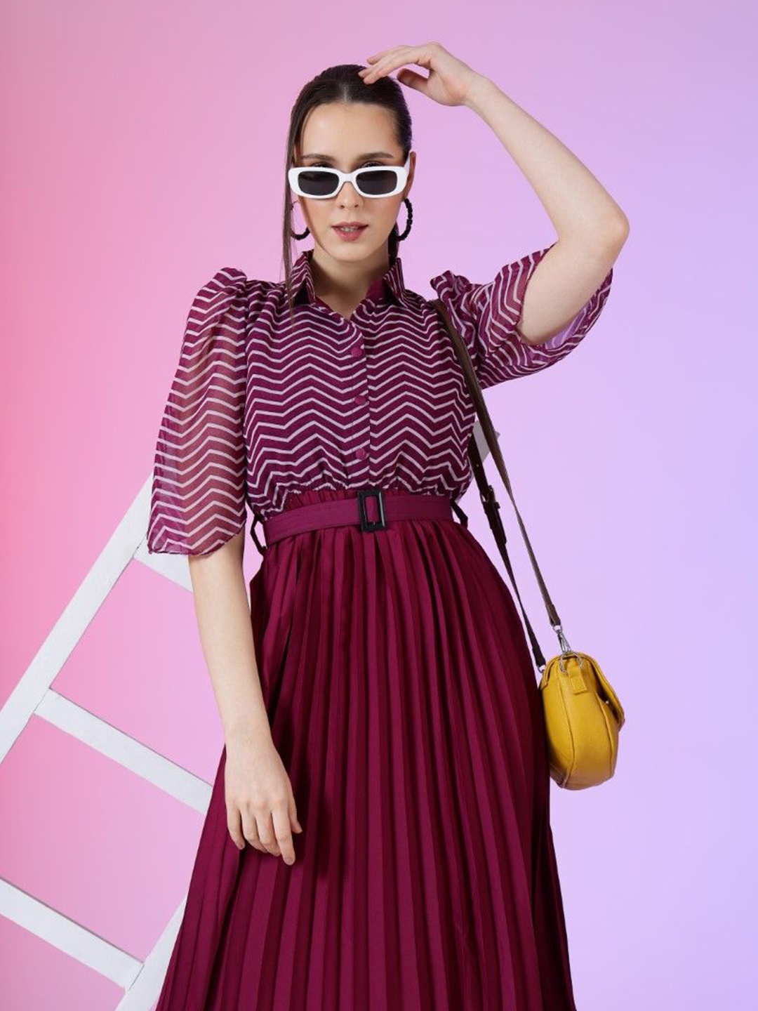 

Femvy Women Chevron Printed Fit & Flare Dress, Magenta