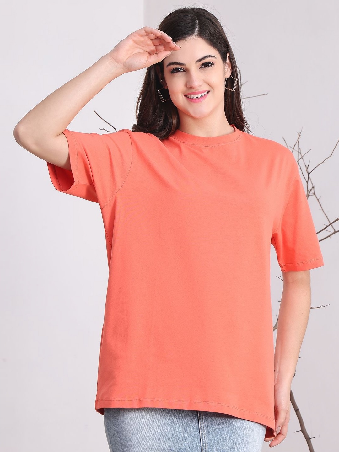 

DOOR74 Women Drop-Shoulder Sleeves T-shirt, Coral