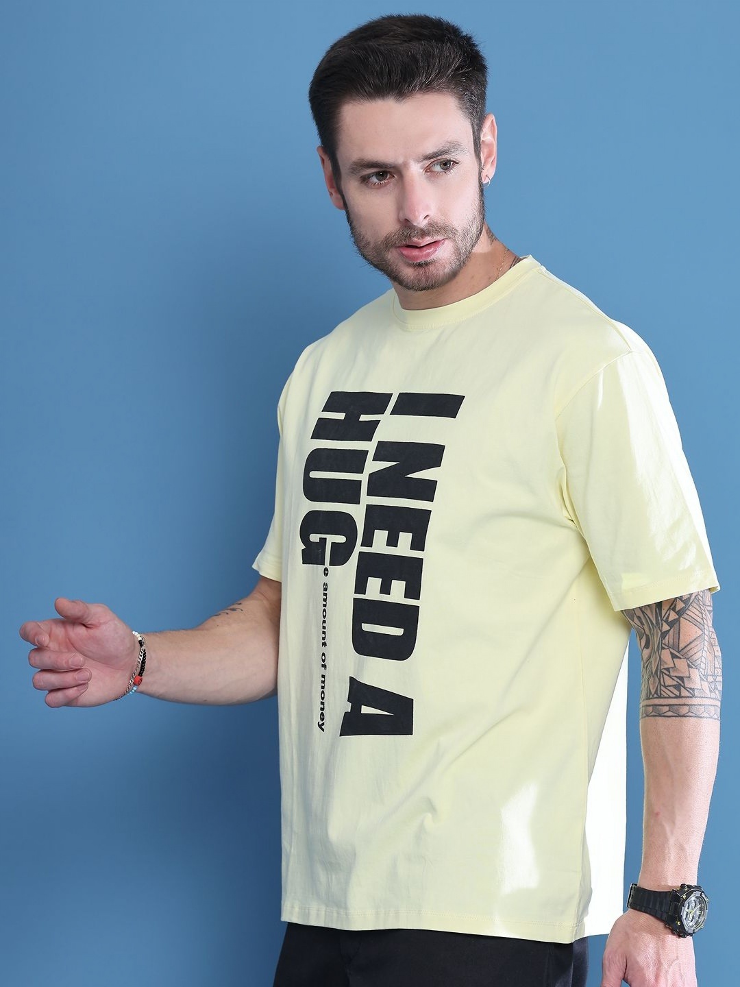 

DOOR74 Men Typography Printed Drop-Shoulder Sleeves T-shirt, Yellow