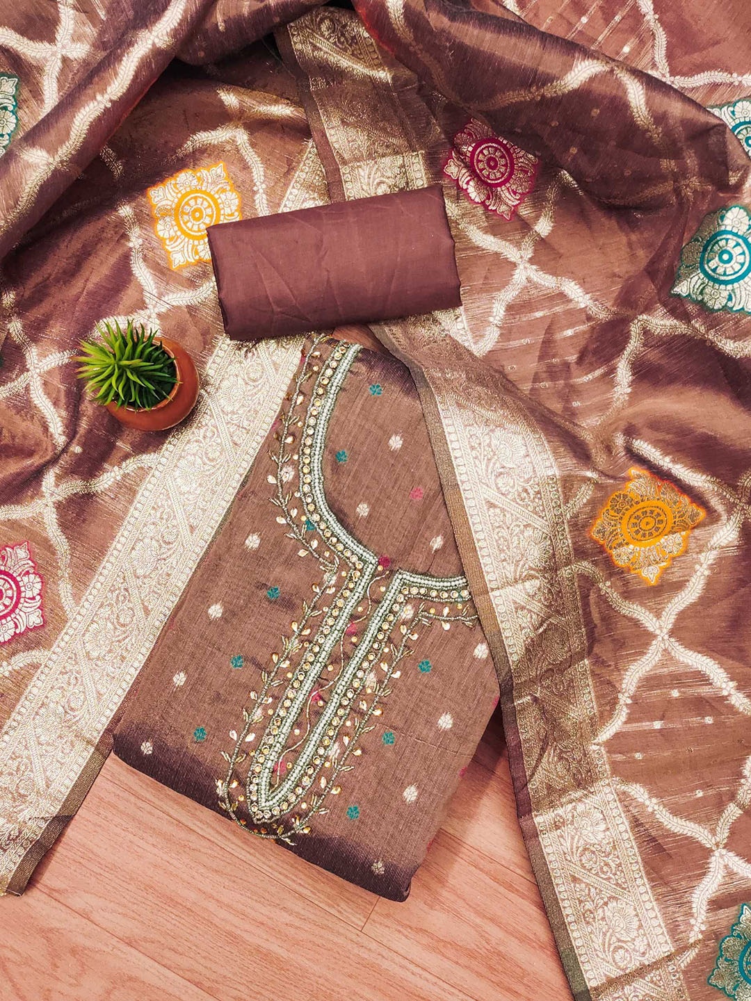 

Panzora Embellished Unstitched Dress Material, Rust