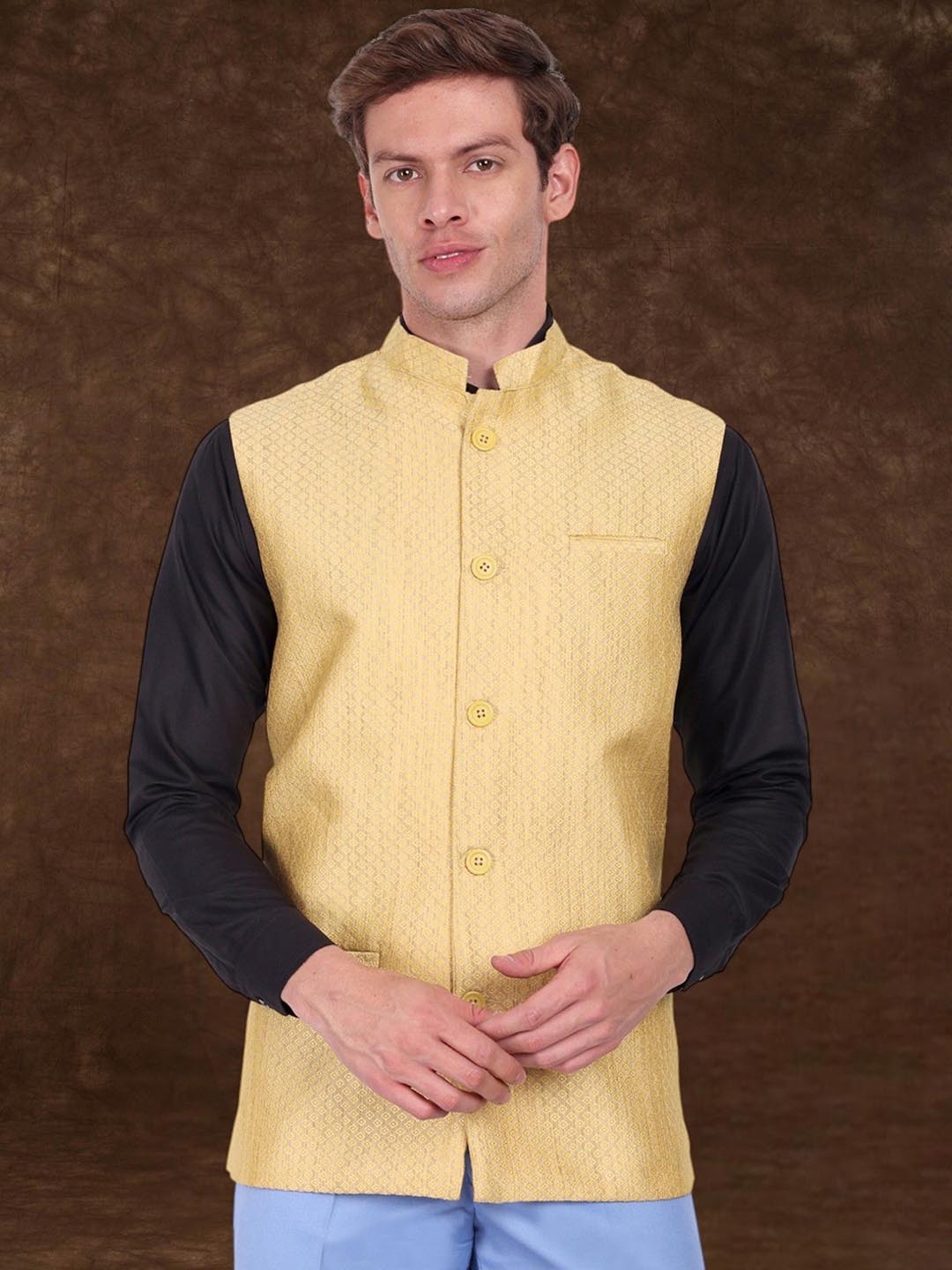 

SKAVIJ Men Woven Design Mandarin Collar Nehru Jacket, Beige