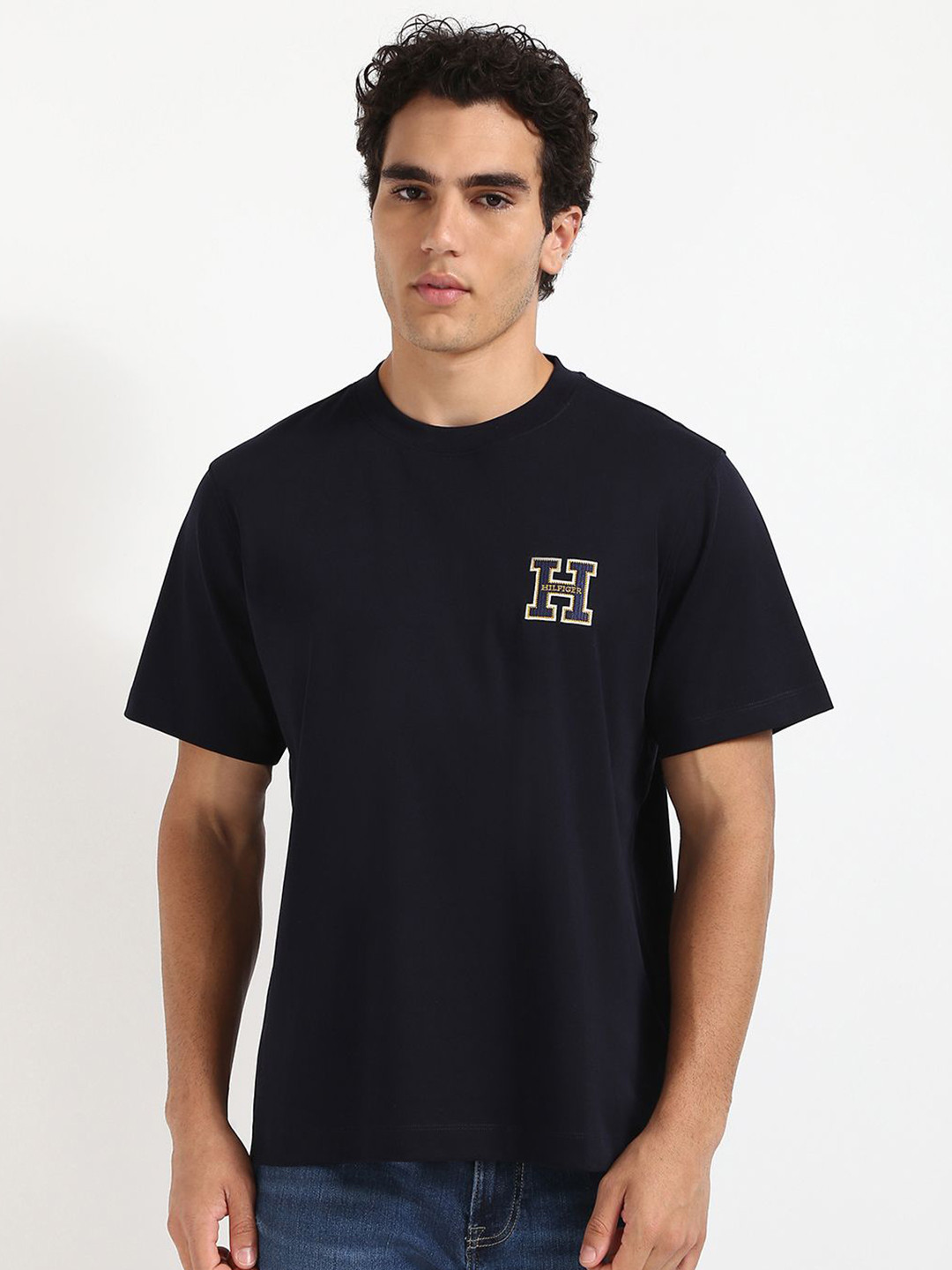 

Tommy Hilfiger Men Typography Printed Round Neck Cotton T-shirt, Navy blue