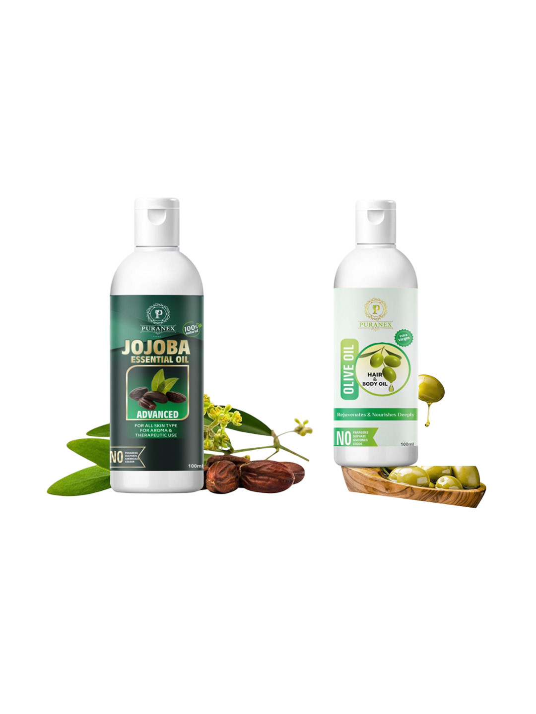 

Puranex Set Of 2 100% Pure & Natural Jojoba Oil & Olive Oil For Hair & Skin - 100 ml Each, Transparent