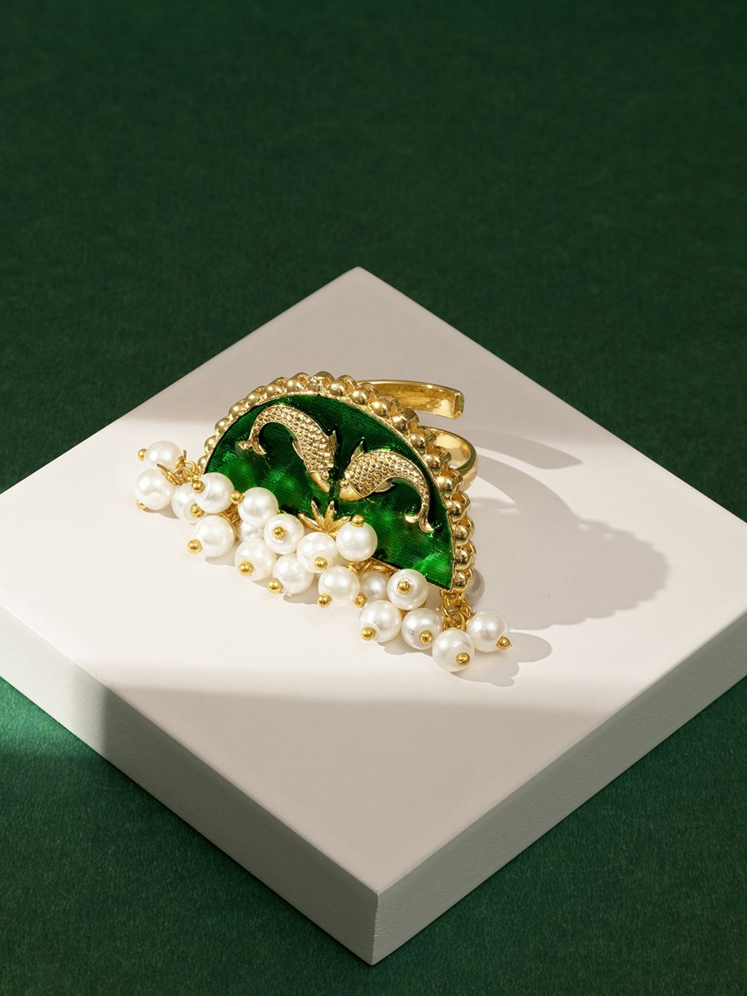 

TEEJH Gold-Plated Pearl Beaded Adjustable Finger Ring