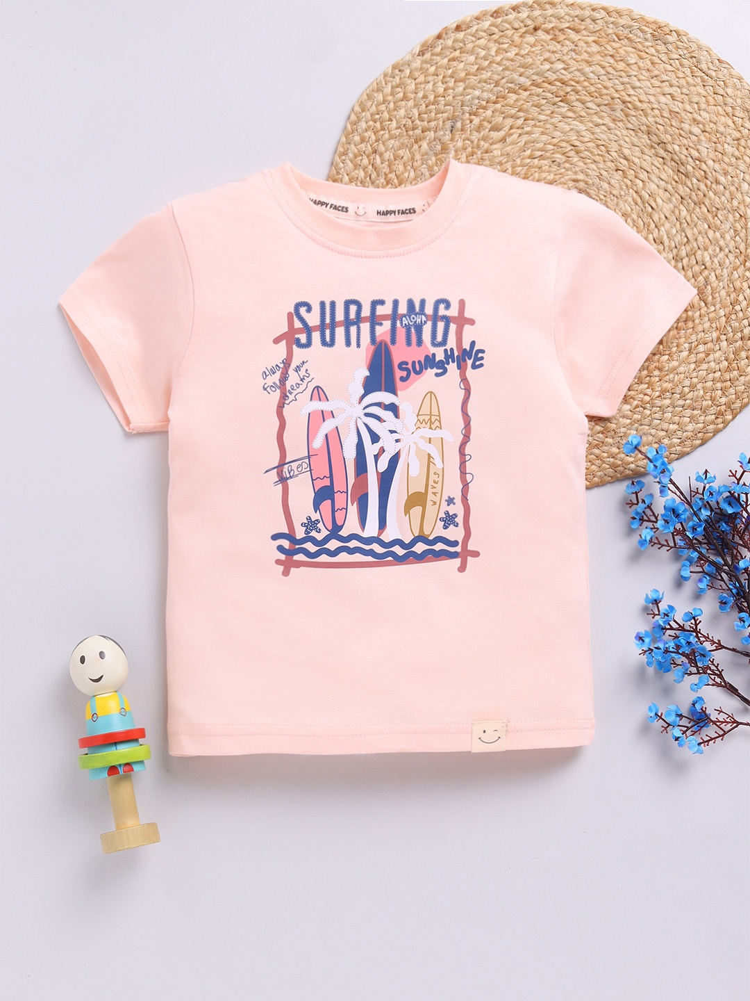 

Happy Faces Boys Pure Cotton Typography & Graphic Printed T-shirt, Peach