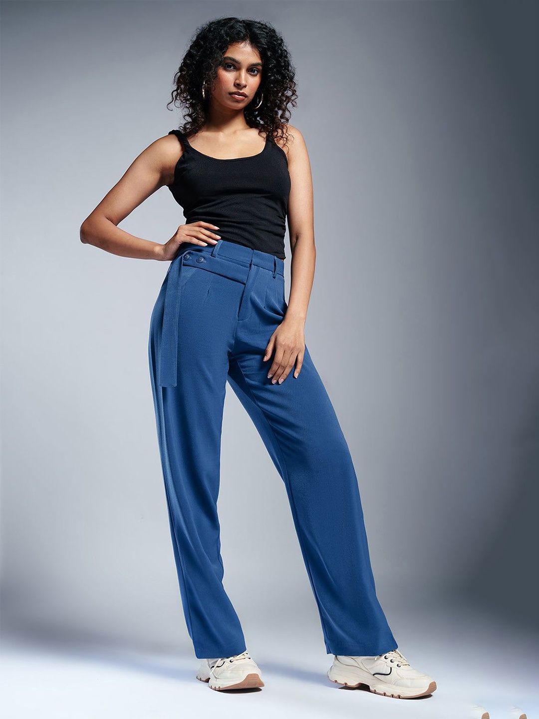 

FREAKINS Women Classic Cobalt Strap Detailed Korean Pants, Navy blue