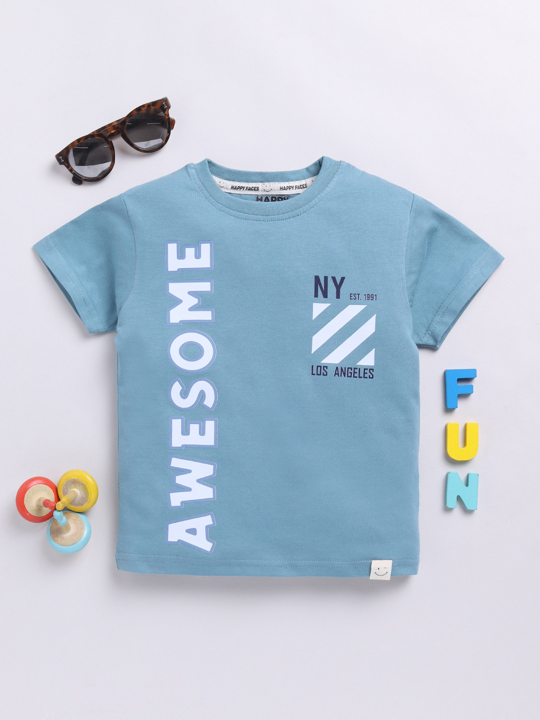 

Happy Faces Boys Pure Cotton Typography Printed T-shirt, Blue