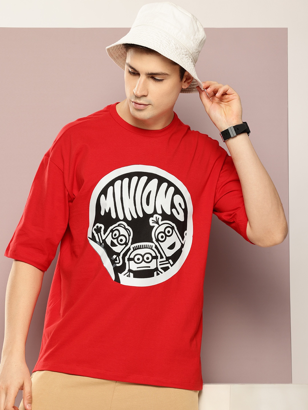 

Minions by Kook N Keech Pure Cotton Drop-Shoulder Sleeves Oversized T-shirt, Red