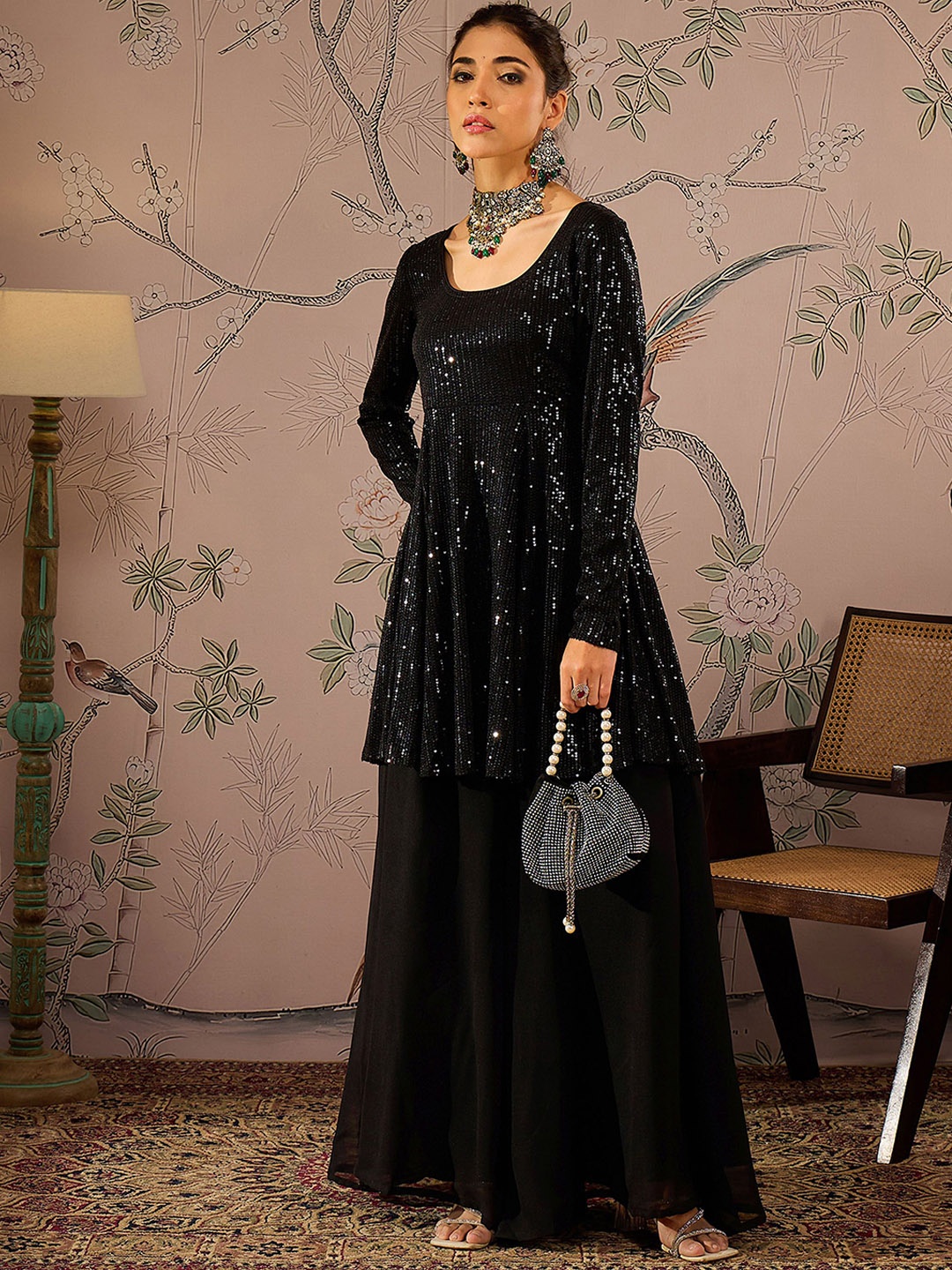 

Shae by SASSAFRAS Women Embroidered Sequinned Kurta with Palazzos, Black