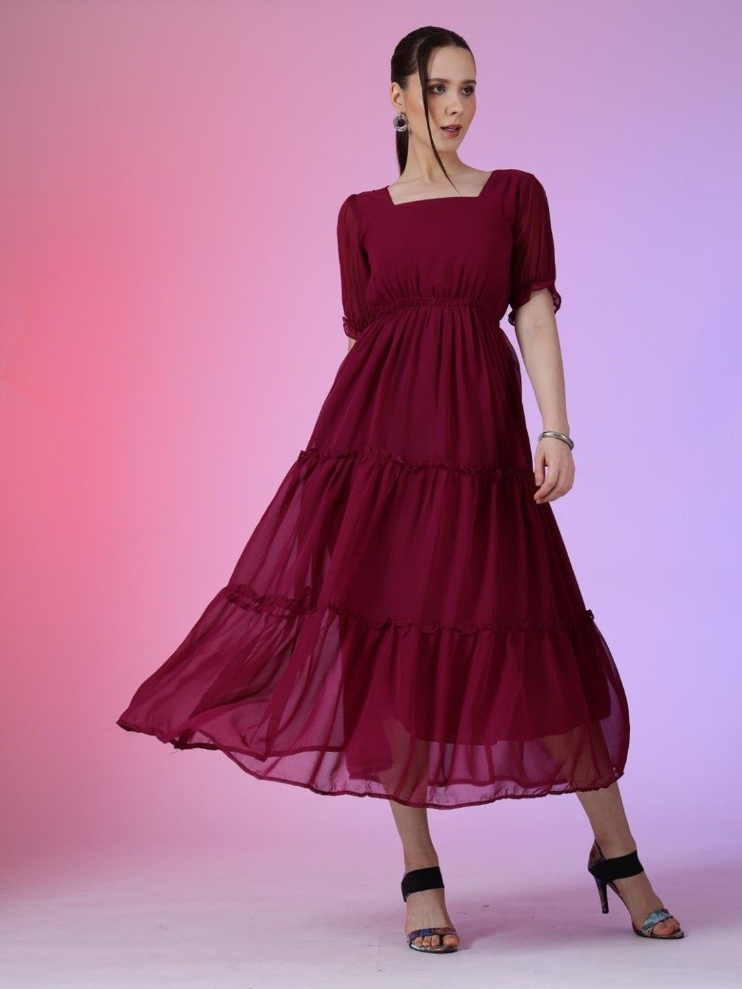 

Raiyani Enterprise Women Tiered Fit & Flare Maxi Dress, Magenta