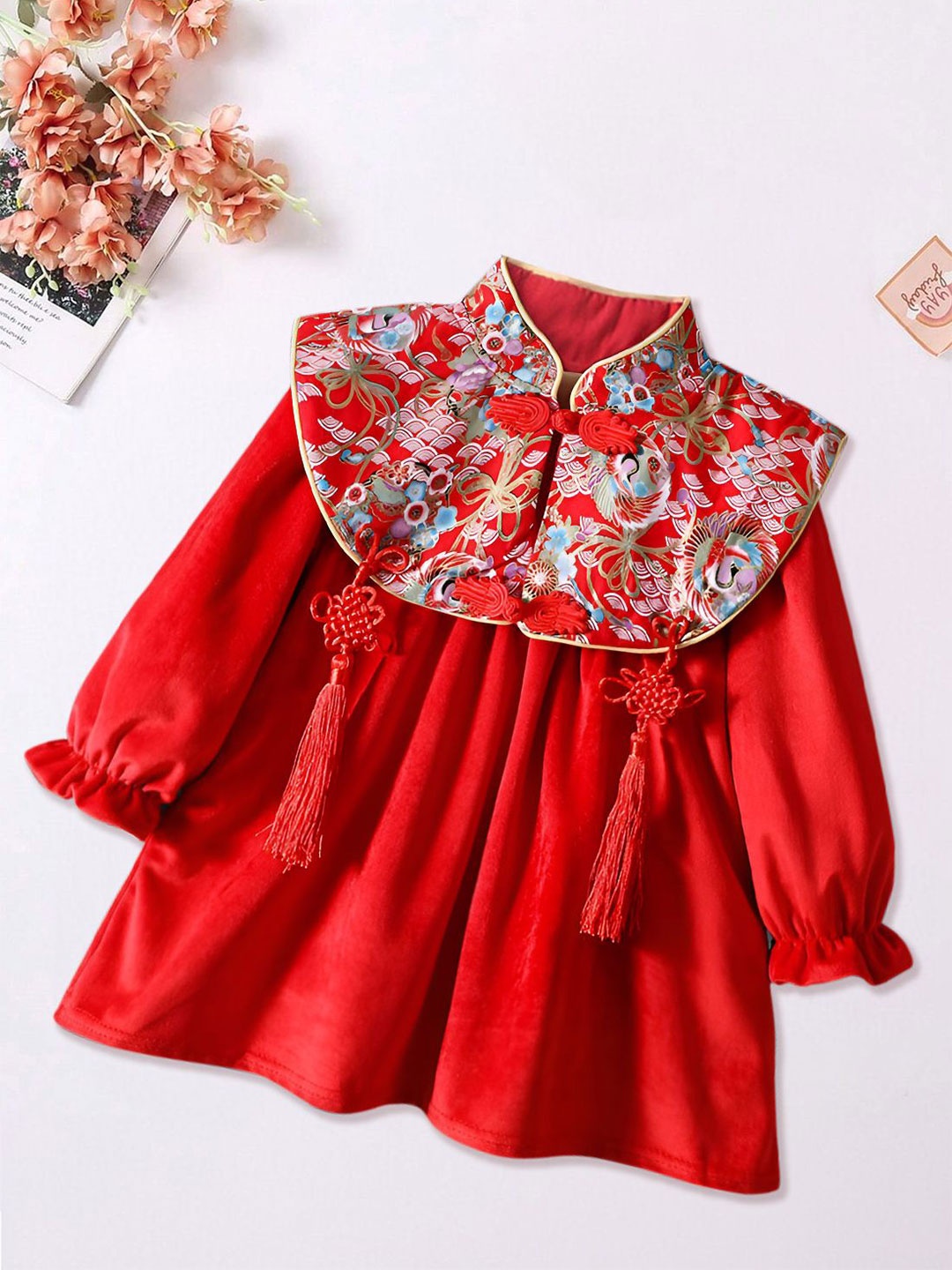 

FOREVER FRIDAY Floral Printed Mandarin Collar A-Line Dress, Red