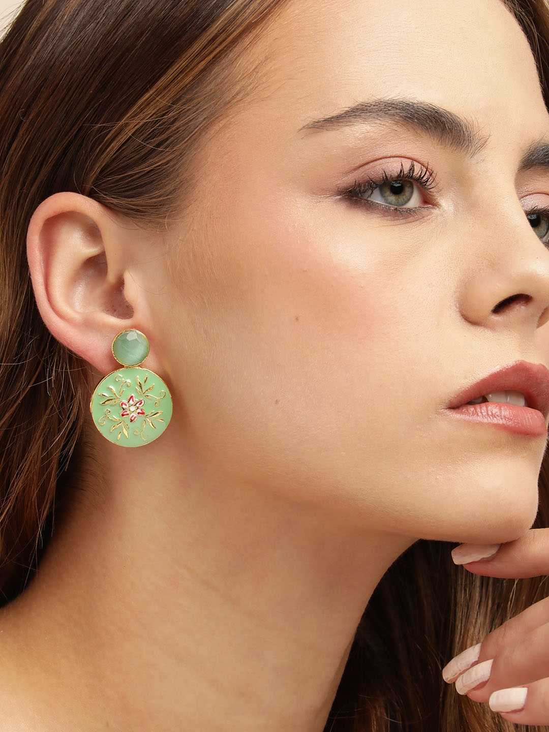 

Anouk Gold Plated Beaded Enamelled Circular Drop Earrings, Sea green