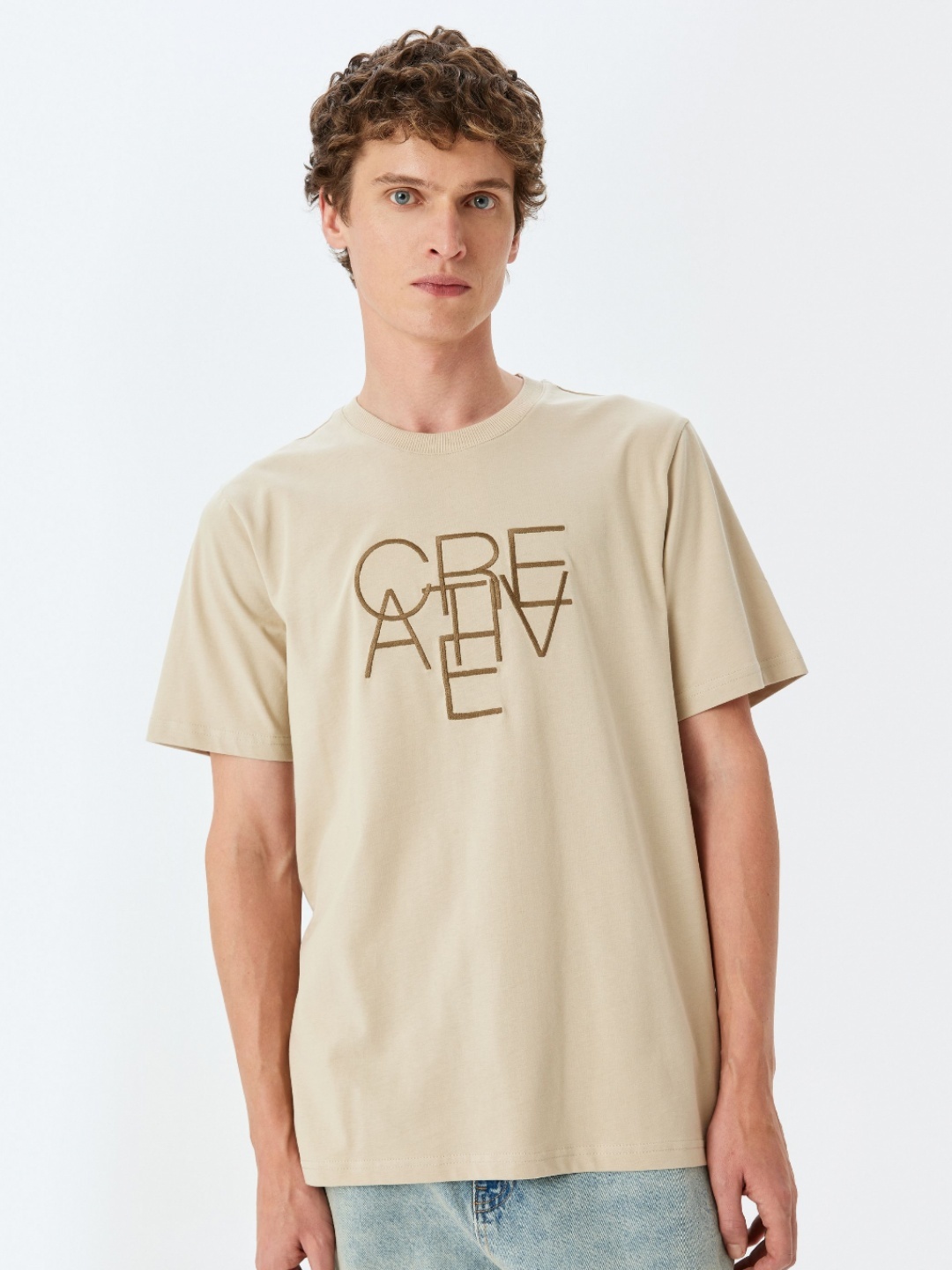 

Koton Men Typography Printed Round Neck Cotton T-shirt, Beige