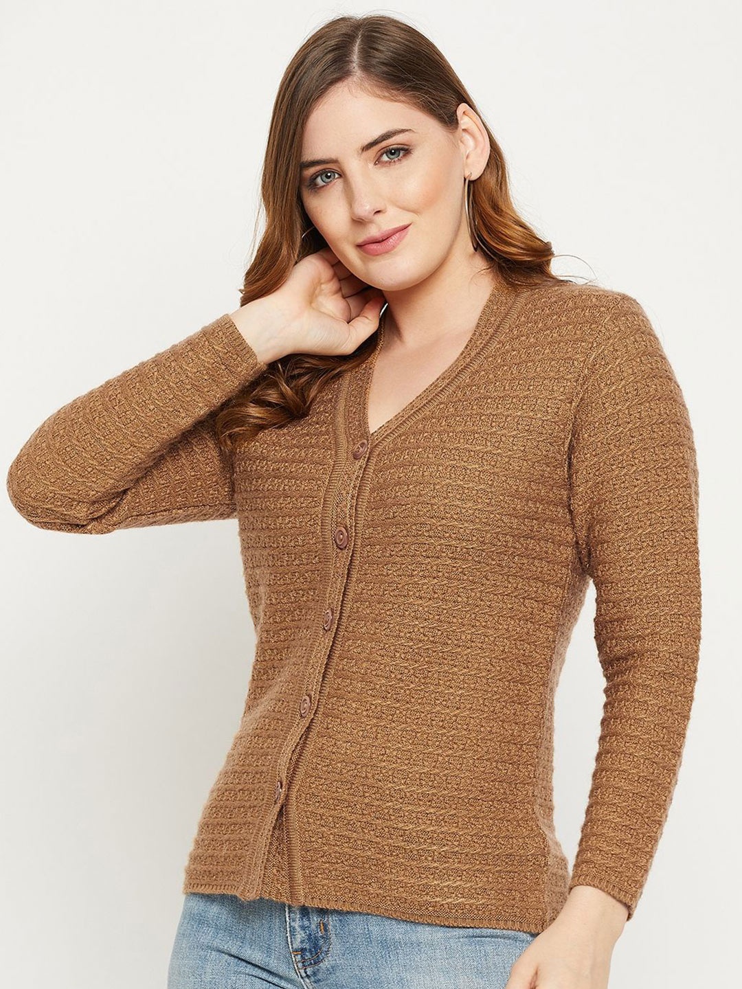 

Zigo Women Cable Knit V-Neck Long Sleeves Cardigan Sweater, Camel brown